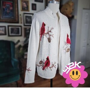 Tiara International Cardigan Bird Sweater White Beaded Vintage Y2K Cardinal